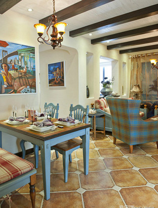 地中海风格蓝色客厅餐桌效果图