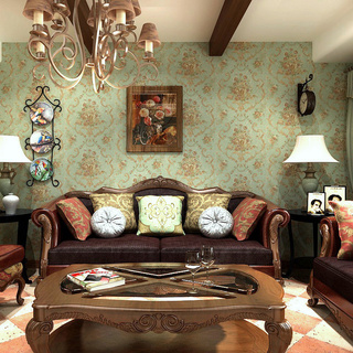 美式风格绿色沙发背景墙装修图片