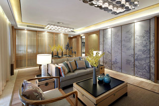 新中式风格四房大气原木色20万以上客厅装潢