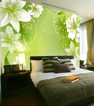 简约绿色卧室床头背景墙效果图