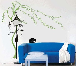 小柳树沙发背景墙手绘墙效果图