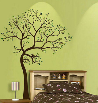 绿色卧室背景墙手绘墙效果图