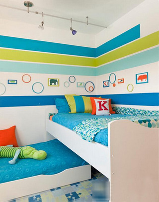 蓝色绿色双层儿童床效果图