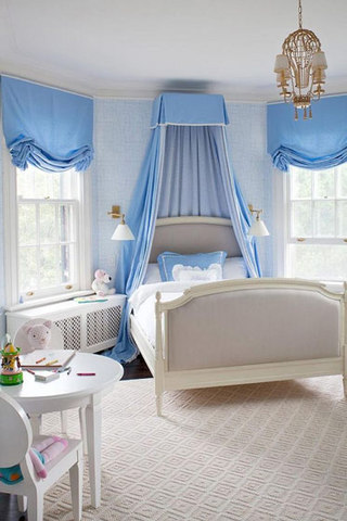 欧式灰色蓝色卧室图片
