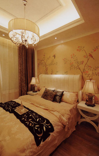 中式手绘卧室背景墙图片