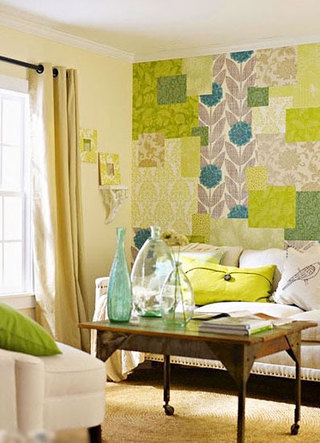 绿色调布艺拼接装饰客厅背景墙