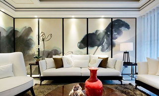128平米新中式装修风格客厅沙发背景墙设计