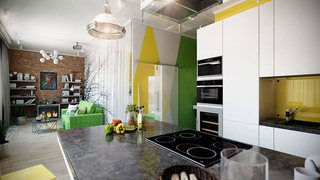 清新黄白绿色厨房吧台装修图片