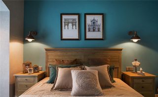 130平混搭风格蓝色卧室背景墙设计图