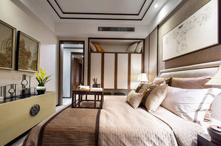 160平中式风格样板房卧室床品图片
