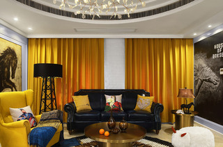 复古美式客厅黄色窗帘设计