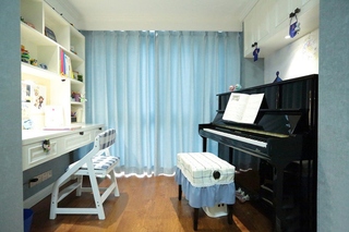 清新美式琴房 天蓝色窗帘效果图