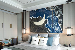 时尚新中式卧室 抽象画背景墙设计