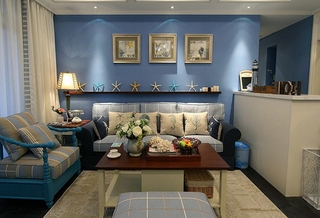 清新地中海风客厅 蓝色背景墙设计