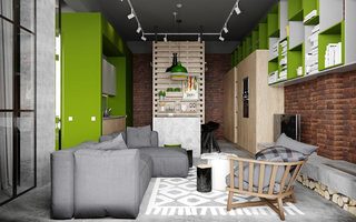 北欧混搭风挑高客厅 绿色墙面置物柜设计