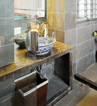 现代新中式卫生间 青花瓷洗手台设计