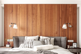 216平新中式风格三居木质床头背景墙