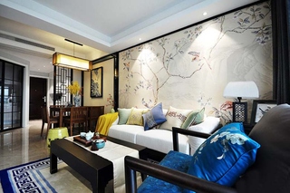 100平新中式风格装修客厅背景墙