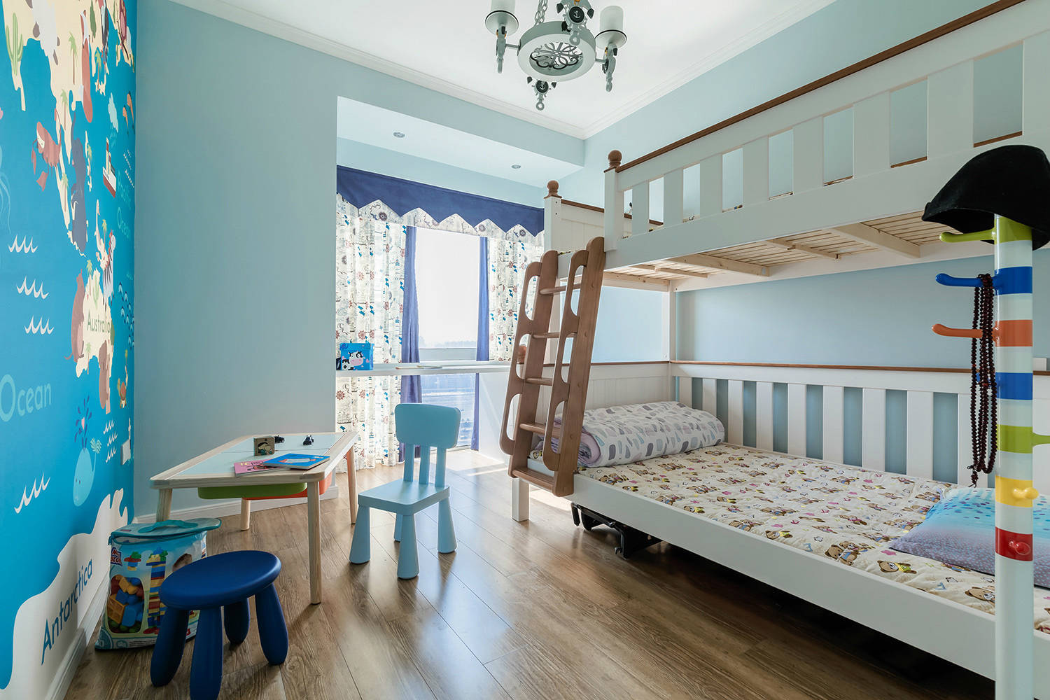 100平米装修,10-15万装修,三居室装修,美式风格,儿童床,蓝色