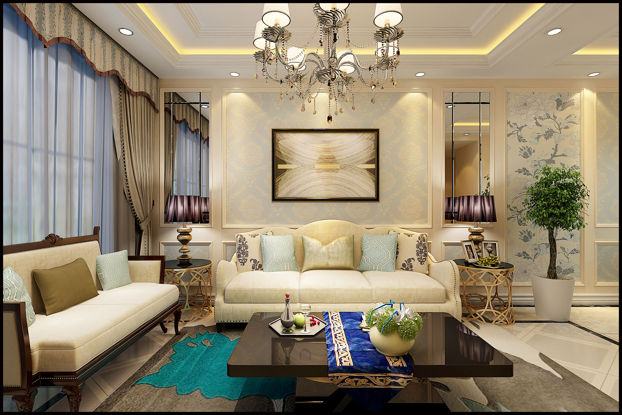 三居室装修,120平米装修,20万以上装修,简欧风格,客厅,沙发,米色