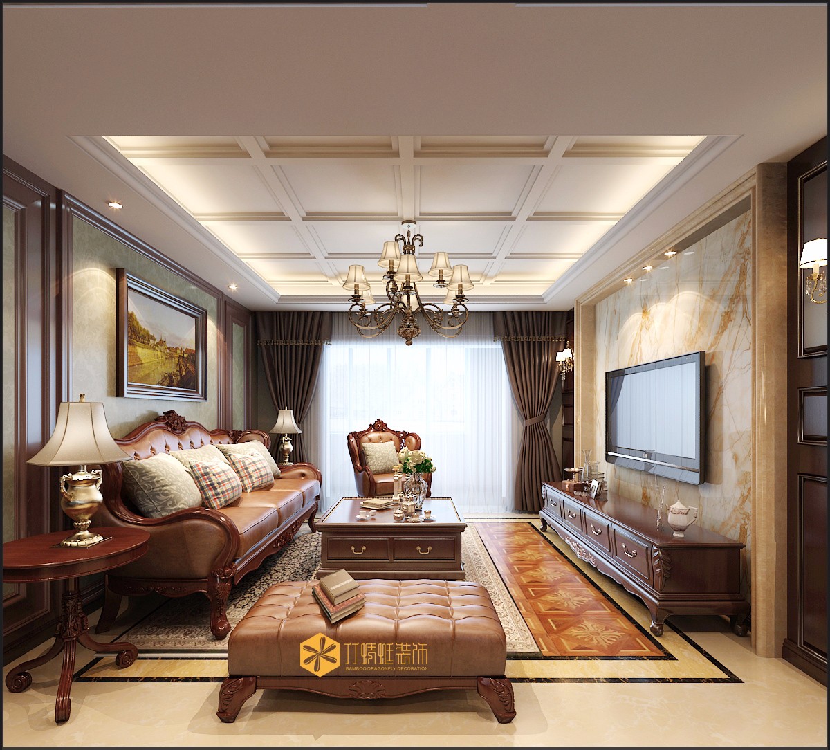大户型,140平米以上装修,20万以上装修,客厅,美式风格,电视背景墙,暖色调