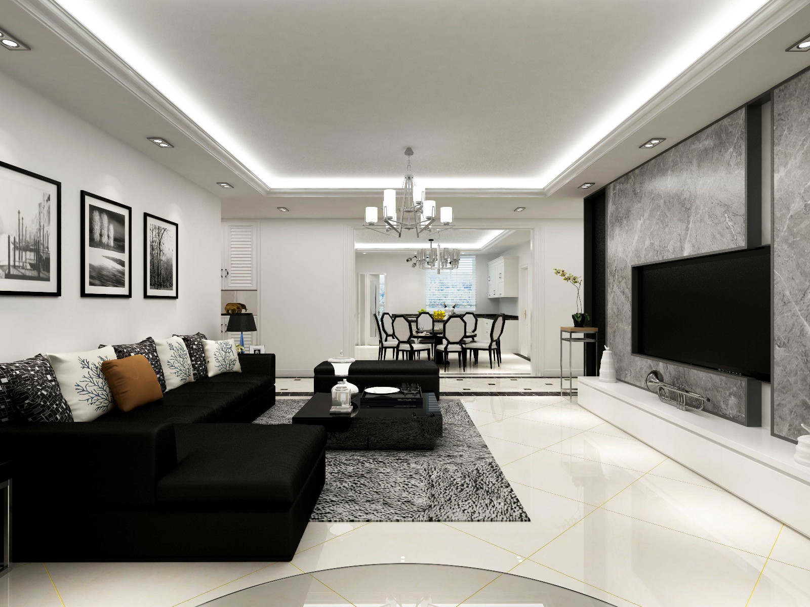 120平米装修,四房装修,15-20万装修,客厅,现代简约风格,电视背景墙,黑白,沙发