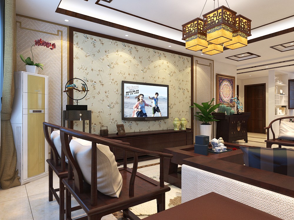 新中式风格电视背景墙装修设计效果图