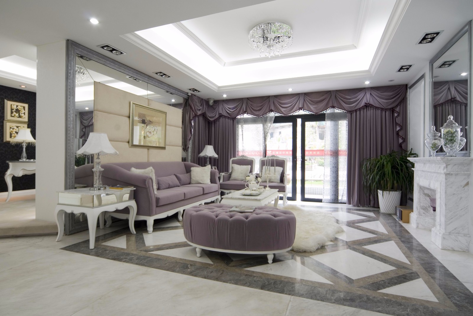 四房装修,140平米以上装修,20万以上装修,客厅,简欧风格,窗帘,沙发,紫色