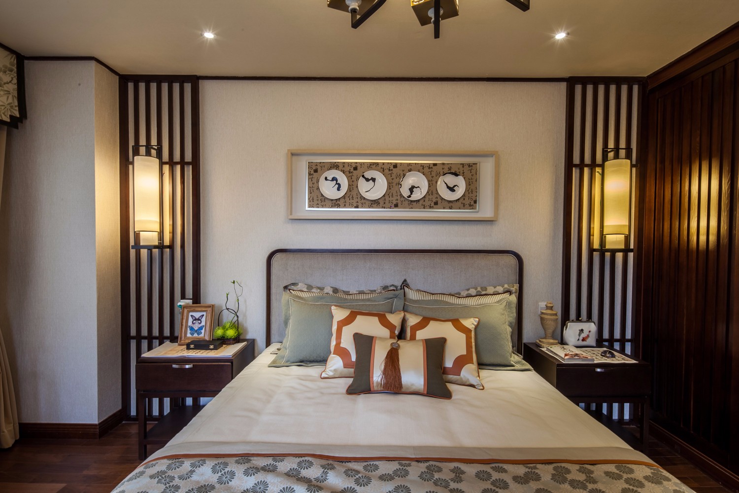 新中式风格别墅床头背景墙装修设计图