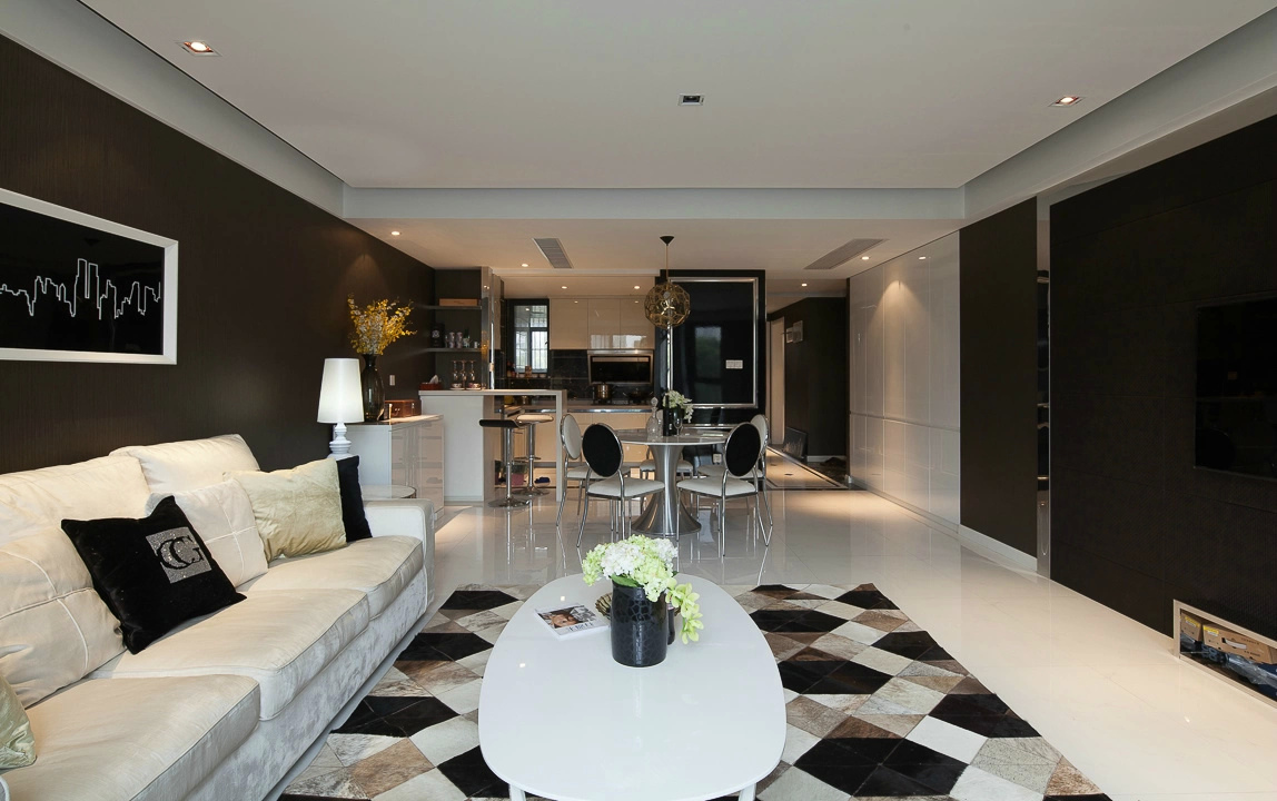 三居室装修,140平米以上装修,20万以上装修,客厅,地砖,现代简约风格,黑白
