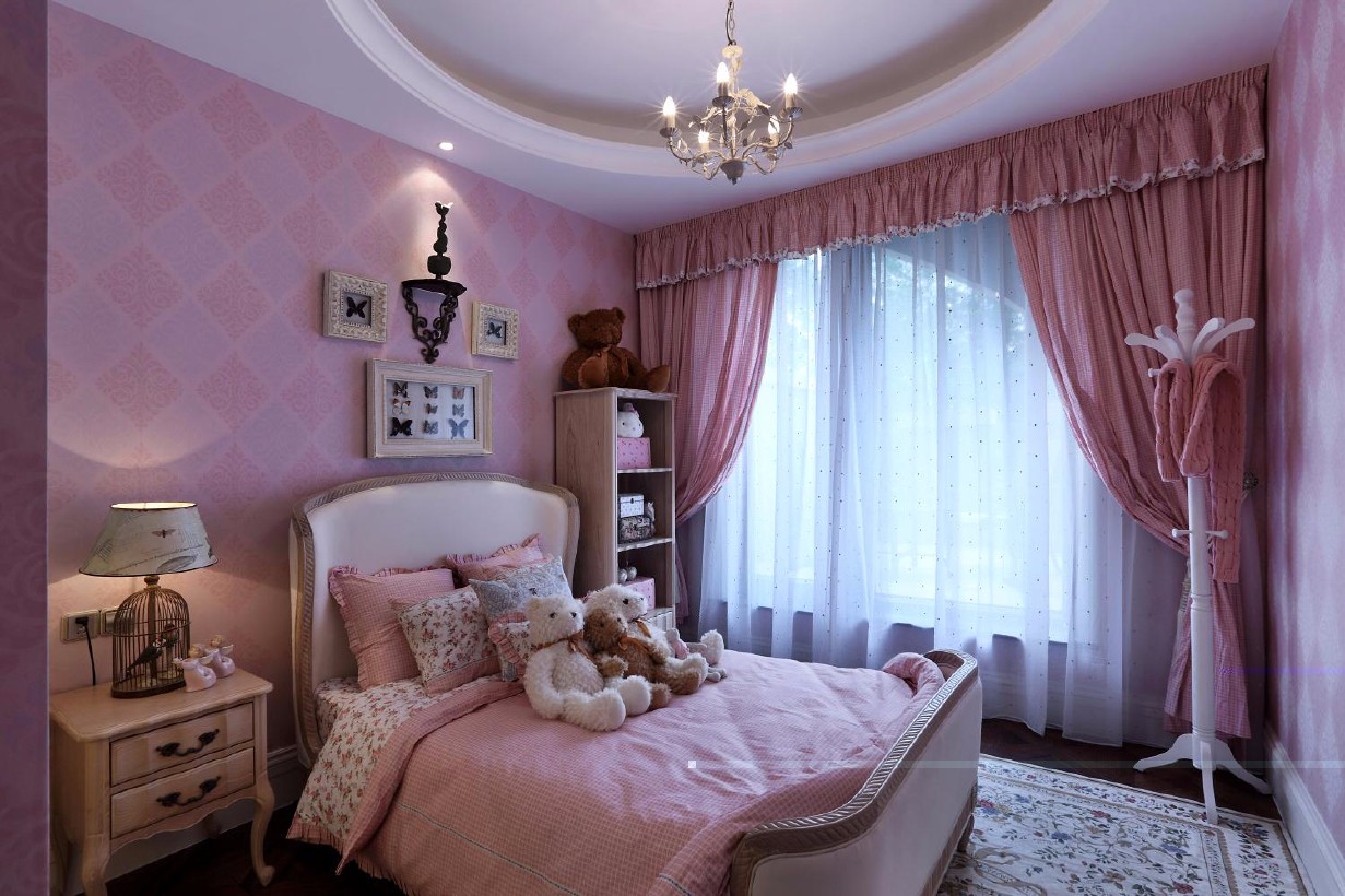 别墅装修,140平米以上装修,20万以上装修,卧室,美式风格,卧室背景墙,粉色