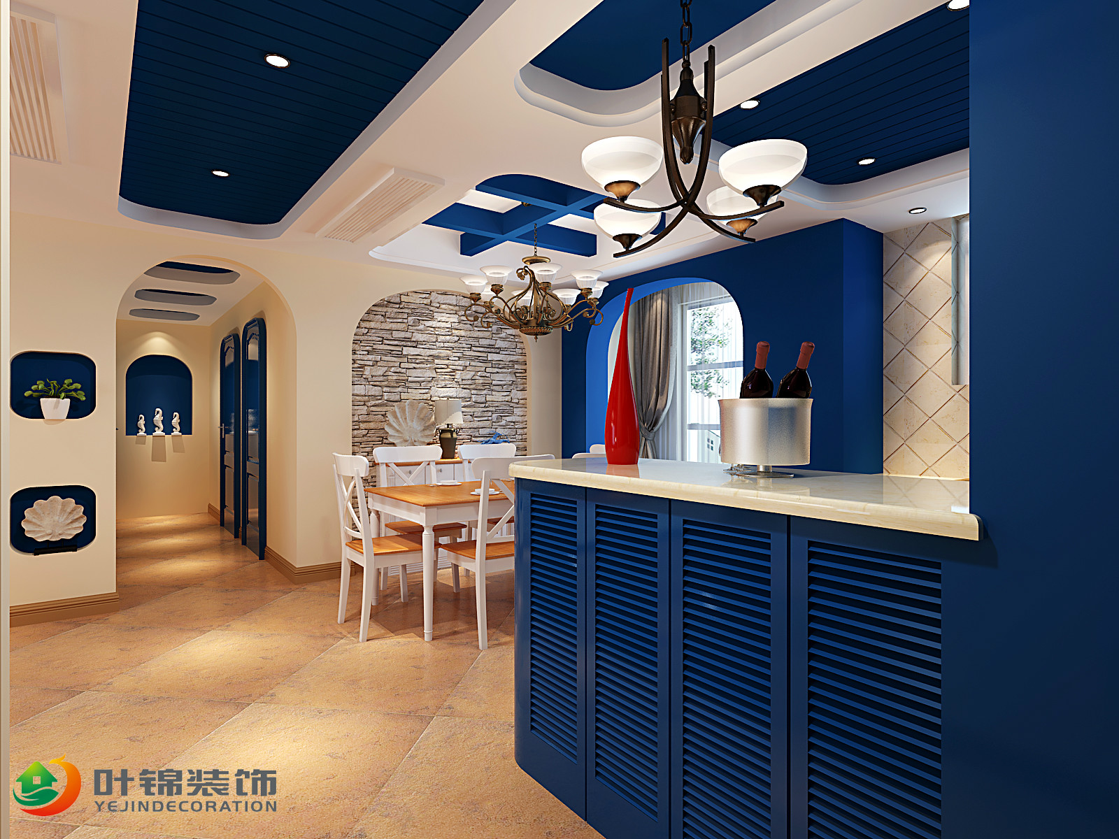三居室装修,140平米以上装修,10-15万装修,地中海风格,餐厅,吊顶,蓝色