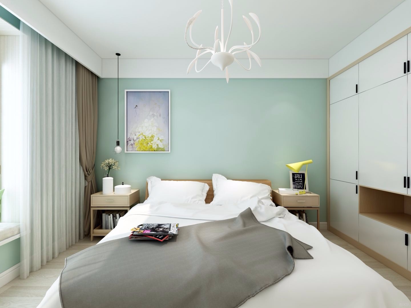 三居室装修,10-15万装修,80平米装修,卧室,简约风格,卧室背景墙,绿色