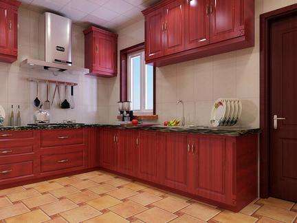 只是搭配红色的橱 柜,同样有一种喜气的感觉,只是厨房的色调更加和谐