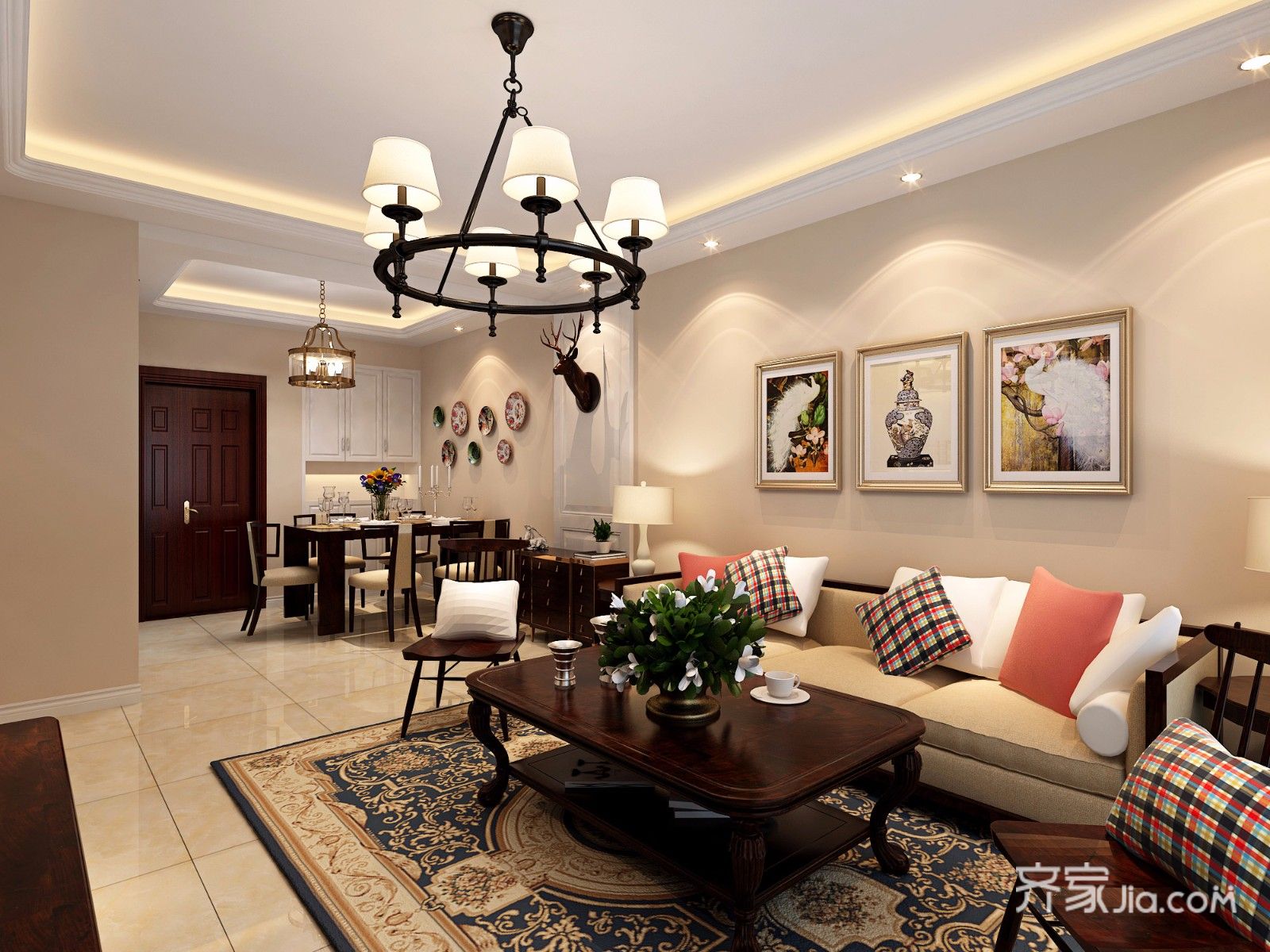 80平米装修,三居室装修,10-15万装修,客厅,美式风格,沙发背景墙,米色