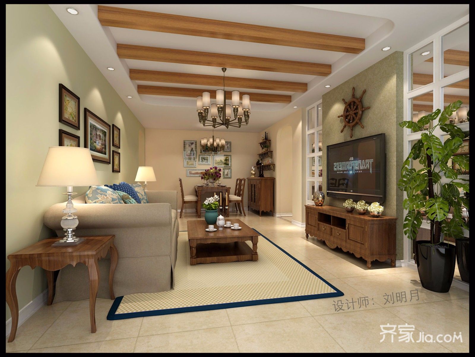 二居室装修,15-20万装修,80平米装修,客厅,美式风格,电视背景墙,沙发背景墙,绿色