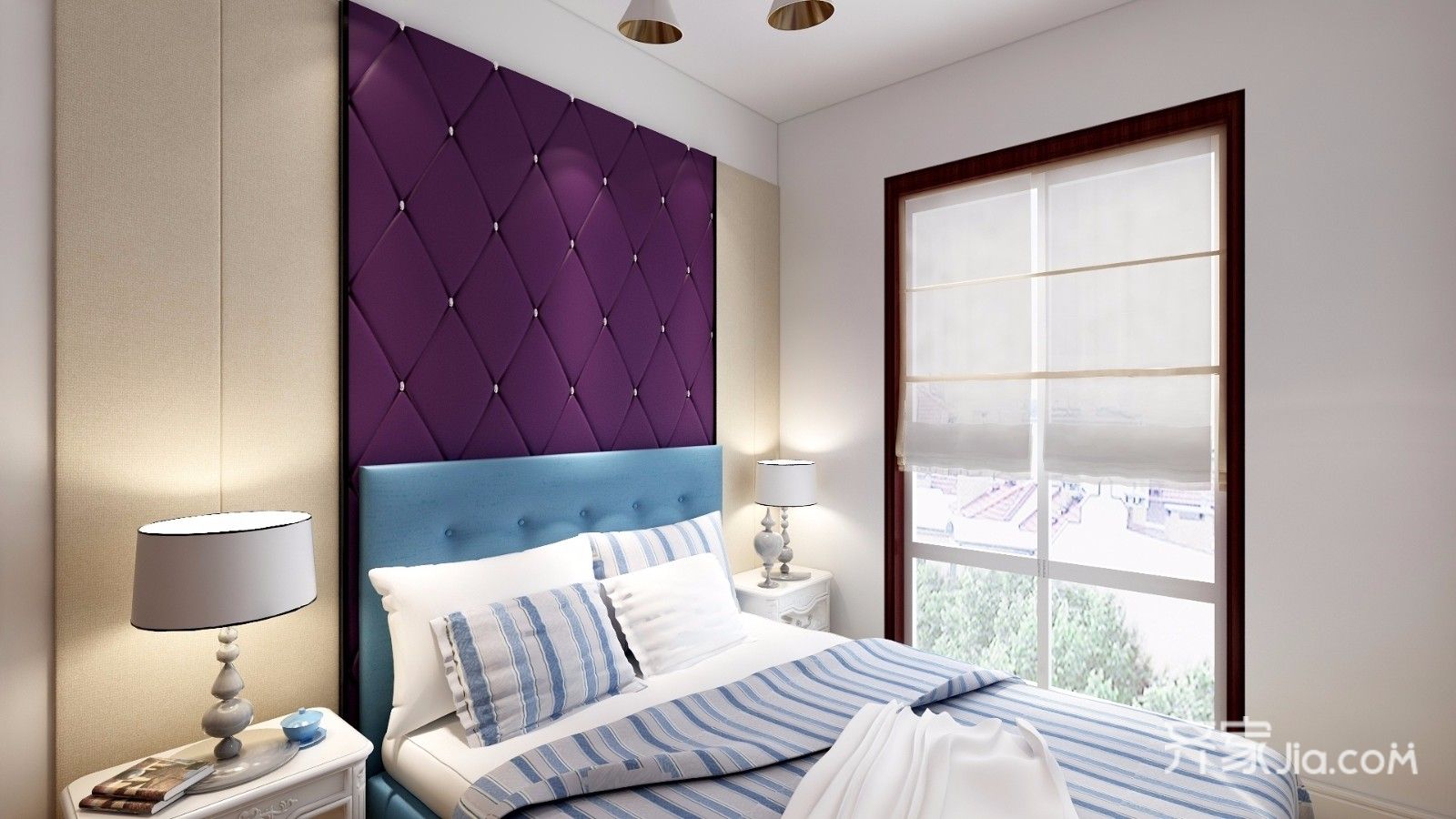三居室装修,10-15万装修,110平米装修,卧室,混搭风格,卧室背景墙,紫色