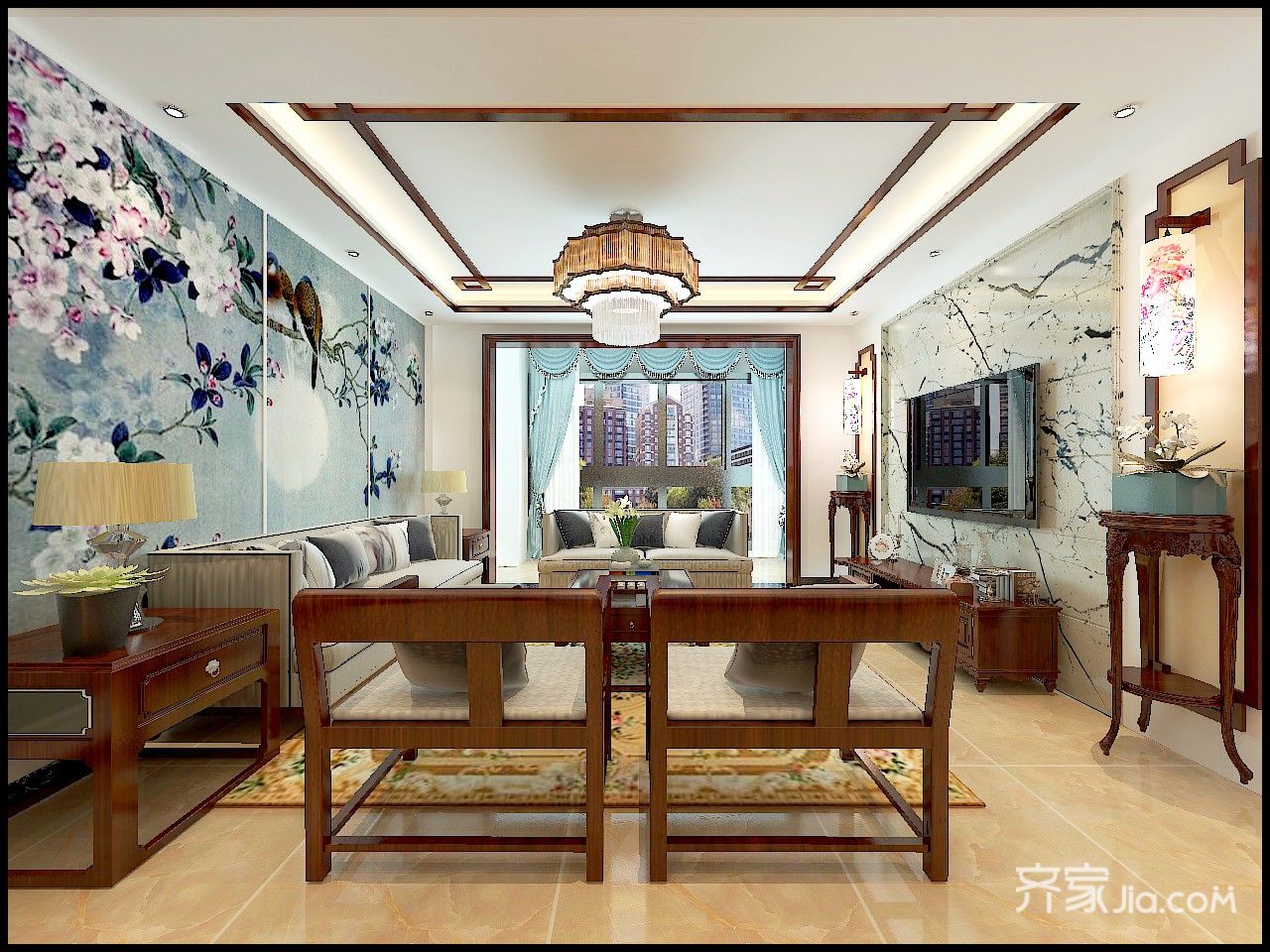 110㎡新中式三居室客厅装修效果图