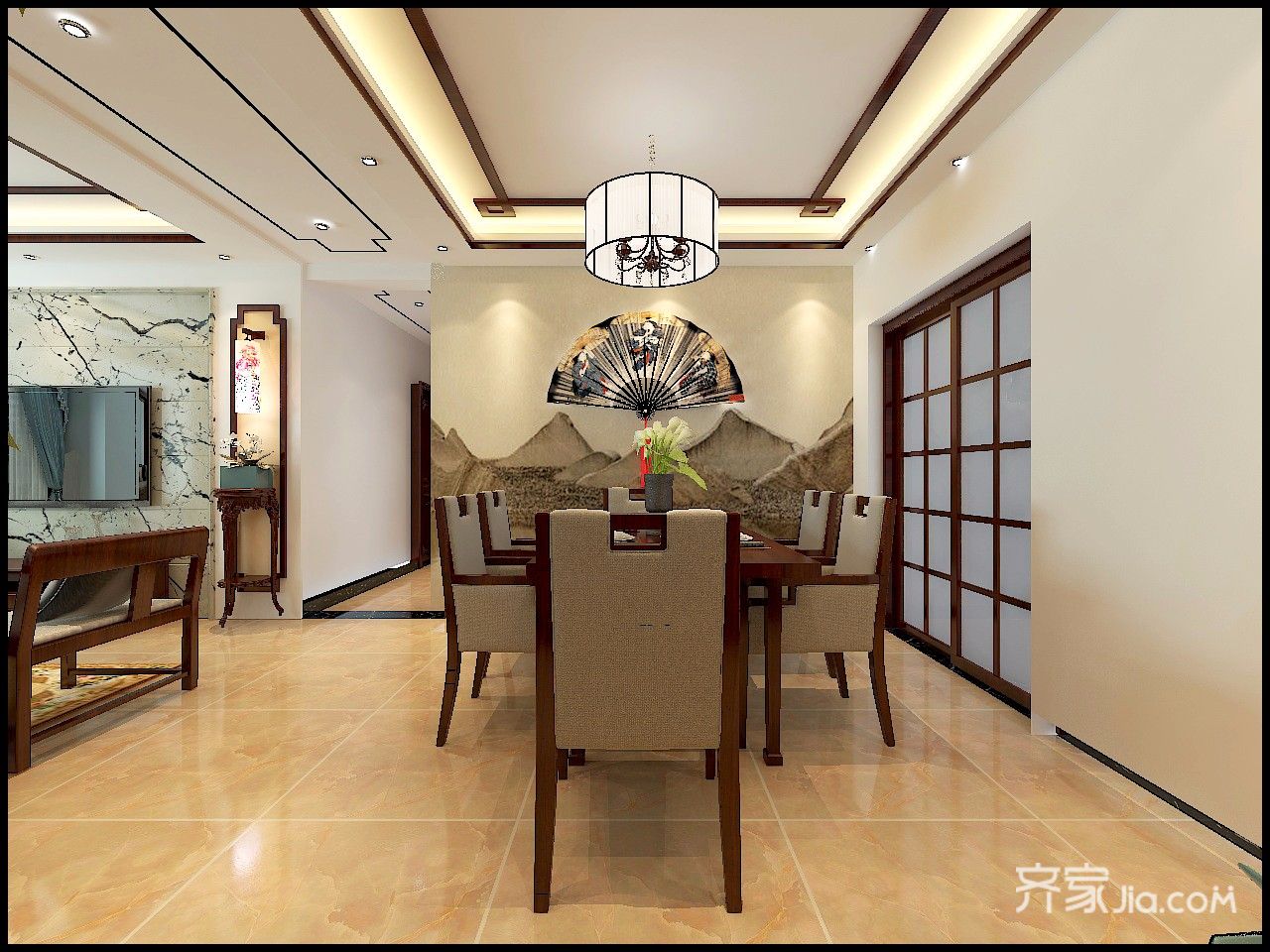 110㎡新中式三居室餐厅装修效果图