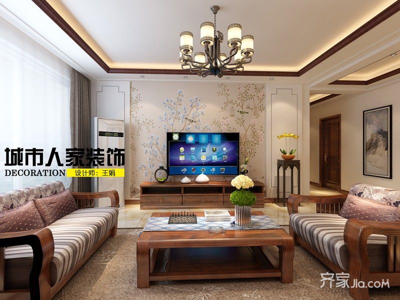 140平米以上装修,20万以上装修,四房装修,客厅,中式风格,电视背景墙,暖色调