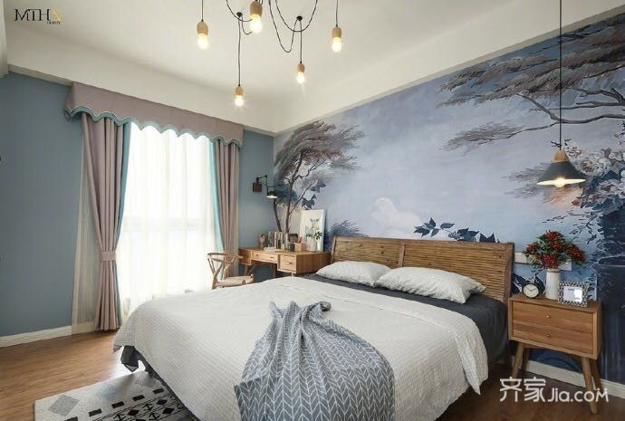 100平米装修,10-15万装修,卧室,北欧风格,卧室背景墙,蓝色,二居室装修