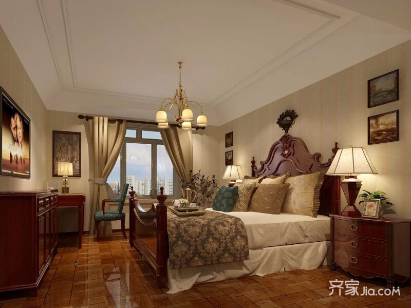 20万以上装修,四房装修,140平米以上装修,美式风格,卧室,暖色调,卧室背景墙
