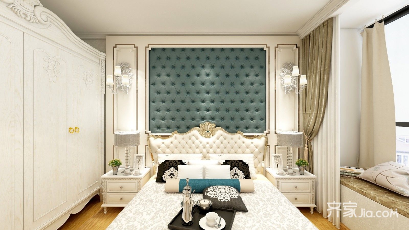 15-20万装修,二居室装修,90平米装修,欧式风格,卧室,床头软包,白色,蓝色