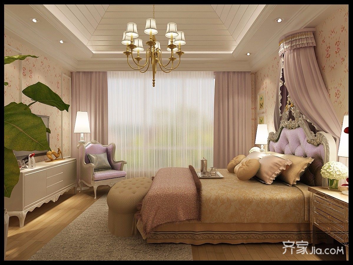 豪华型装修,别墅装修,140平米以上装修,欧式风格,卧室,粉色,床头软包