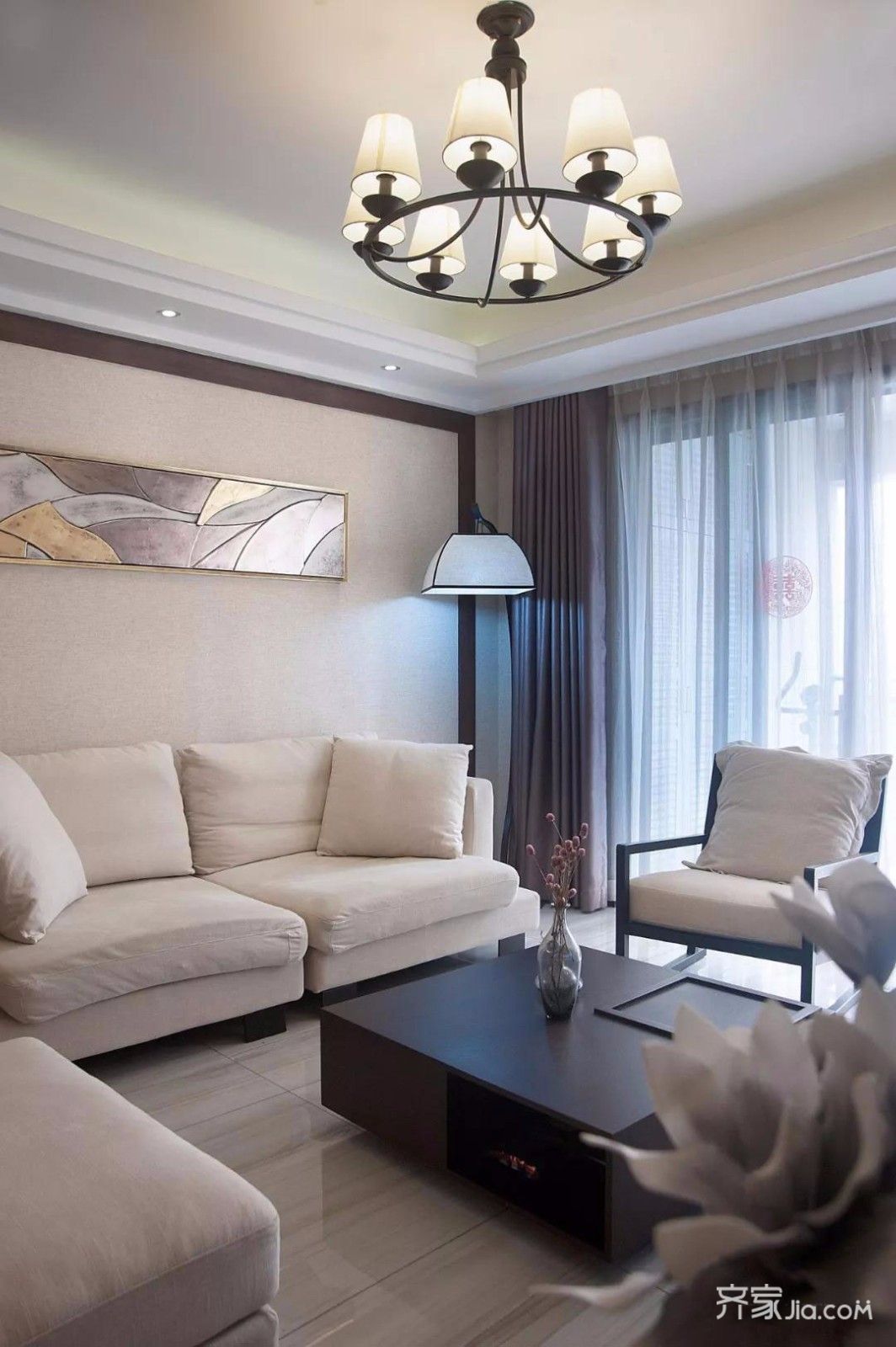 新中式风格三居装修沙发背景墙设计图