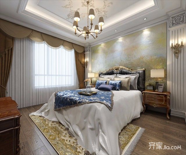 富裕型装修,别墅装修,140平米以上装修,美式风格,卧室,卧室背景墙,暖色调