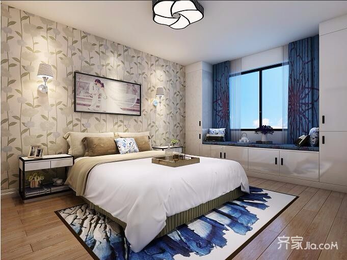 10-15万装修,三居室装修,120平米装修,简约风格,卧室,卧室背景墙,飘窗,蓝色