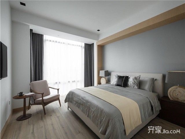 四房以上装修,20万以上装修,四房装修,140平米以上装修,简约风格,卧室,床上用品,卧室背景墙,灰色