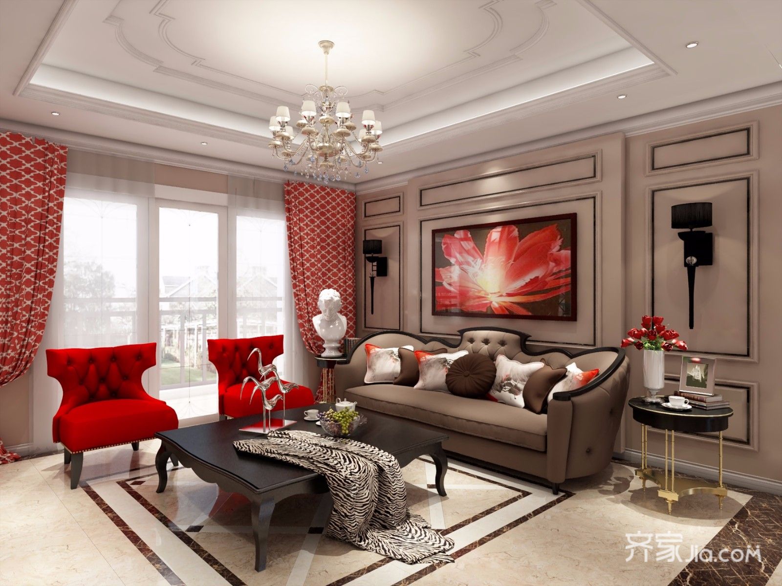 20万以上装修,二居室装修,130平米装修,美式风格,客厅,沙发背景墙,红色,装饰画,沙发,窗帘