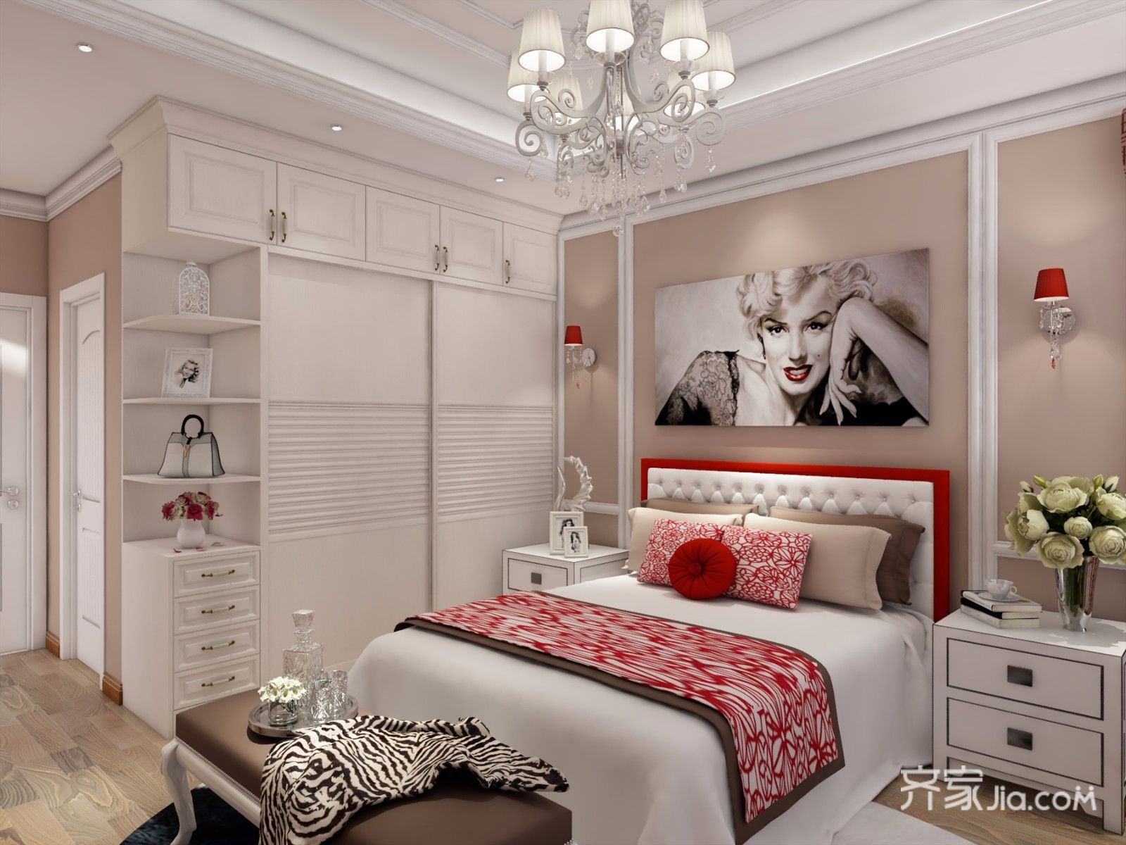 20万以上装修,二居室装修,130平米装修,美式风格,卧室,衣柜,卧室背景墙,床上用品,红色,白色
